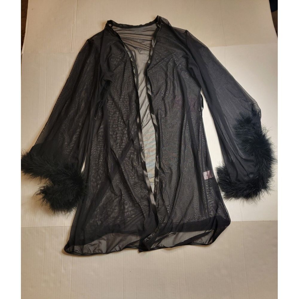 Empress Mimi Black Sheer‎ Feather Trim Mesh Size XS Robe Nightwear
